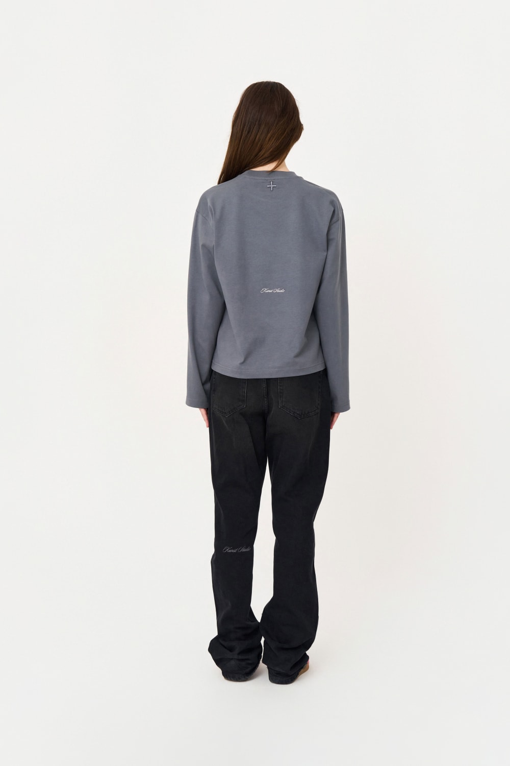 Uzun Kollu Nakışlı Oversize Gri T-Shirt - 4