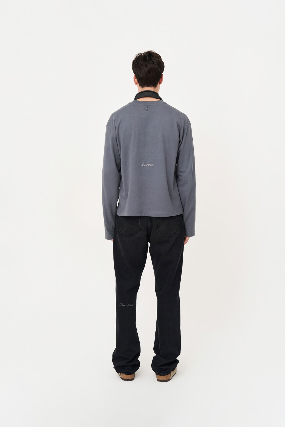 Uzun Kollu Nakışlı Oversize Gri T-Shirt - 6