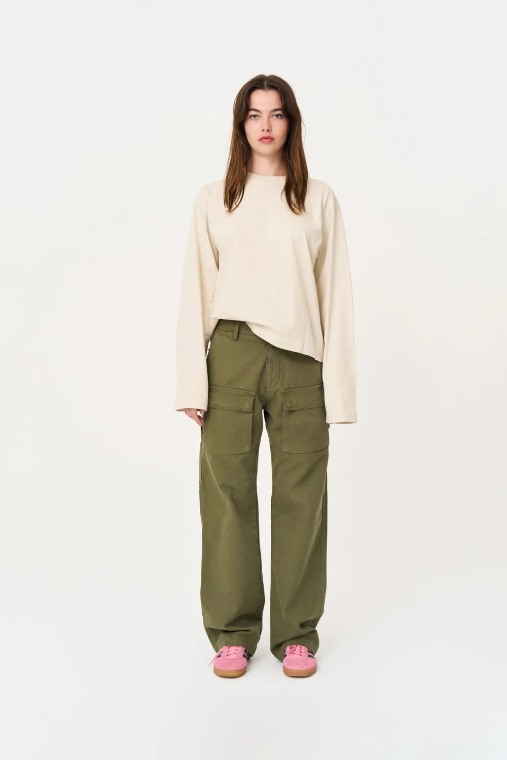 Uzun Kollu Nakışlı Oversize Krem T-Shirt - 3