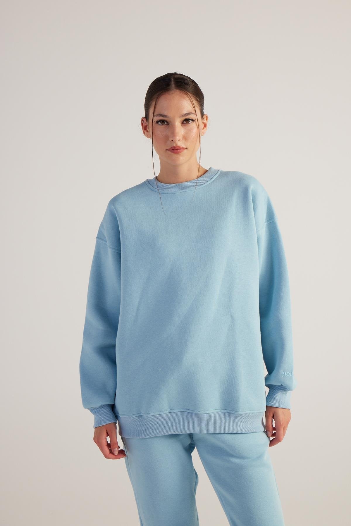 Kadın Mavi Oversize Şardonlu Yazı Baskılı Fluffy Sweatshirt - 2