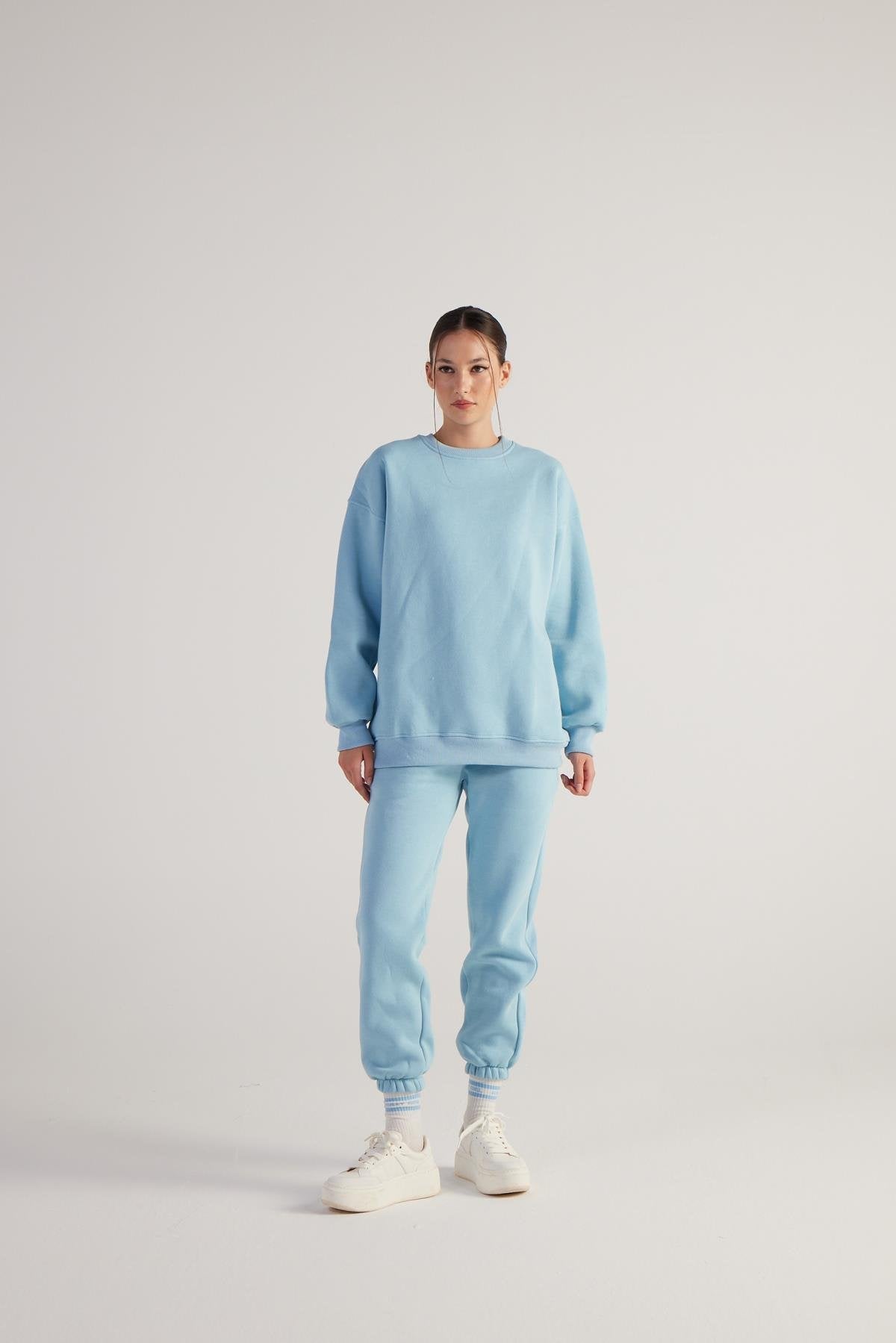 Kadın Mavi Oversize Şardonlu Yazı Baskılı Fluffy Sweatshirt - 3