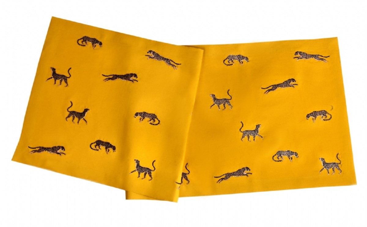 Leopar Desenli Dekoratif Sarı Keten Runner - 40 Cm 120 Cm - 2