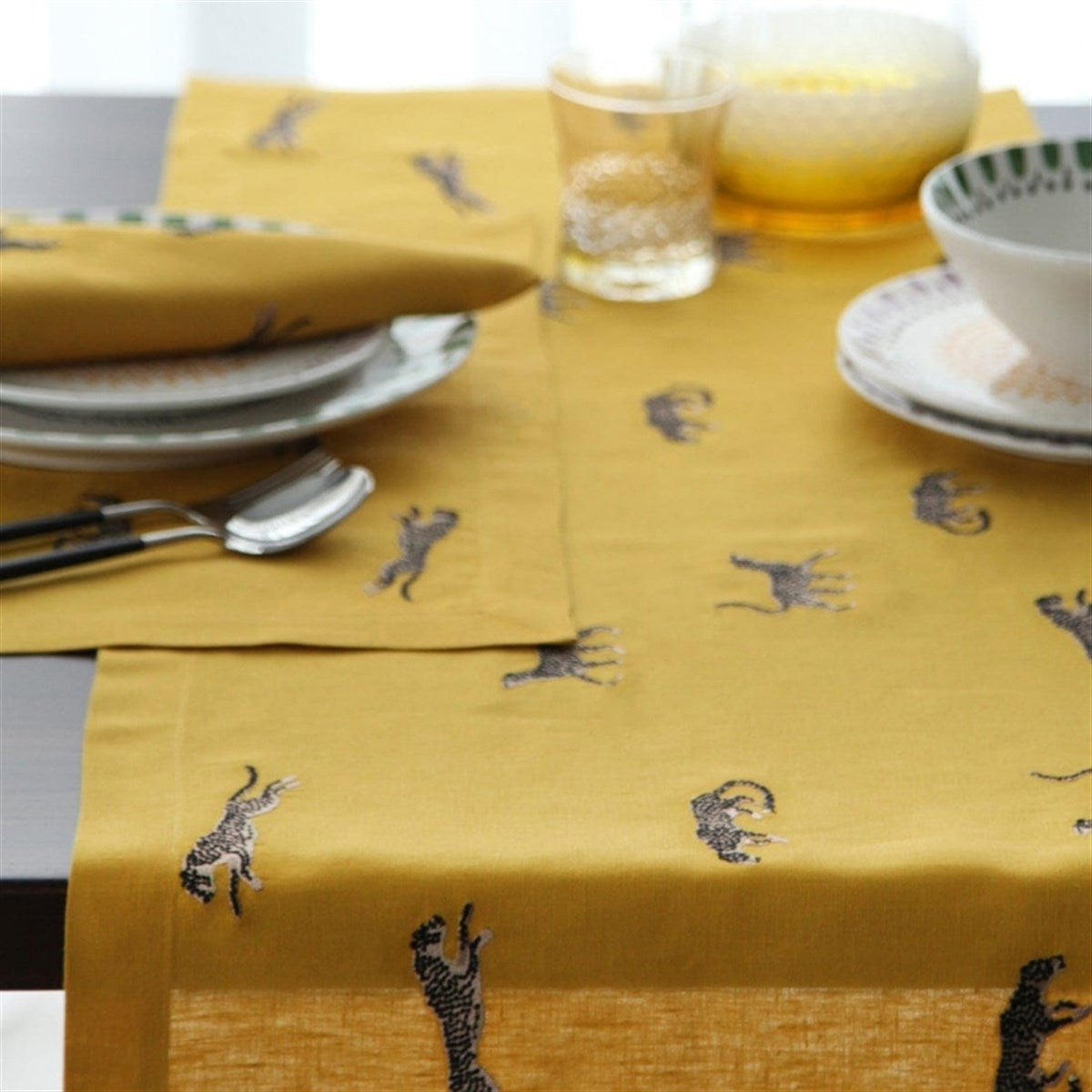 Leopar Desenli Dekoratif Sarı Keten Runner - 40 Cm 120 Cm - 3