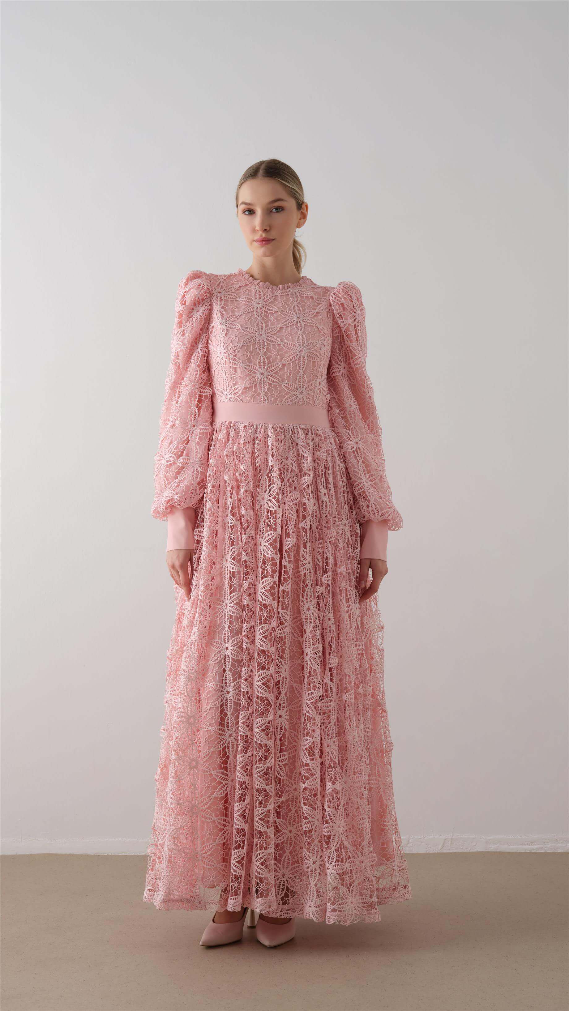 Dantelli Eteği Kabarık Elbise – Pembe - 1