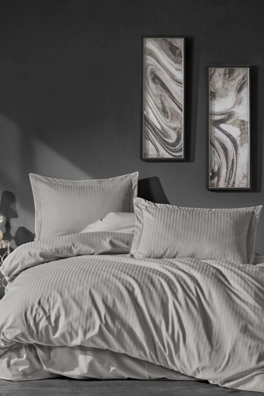 Elegant Stripe Saten Çift Kişilik Nevresim Takımı Bej - 0