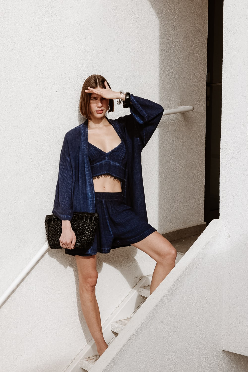 Keten Navy Kısa Kimono - 1
