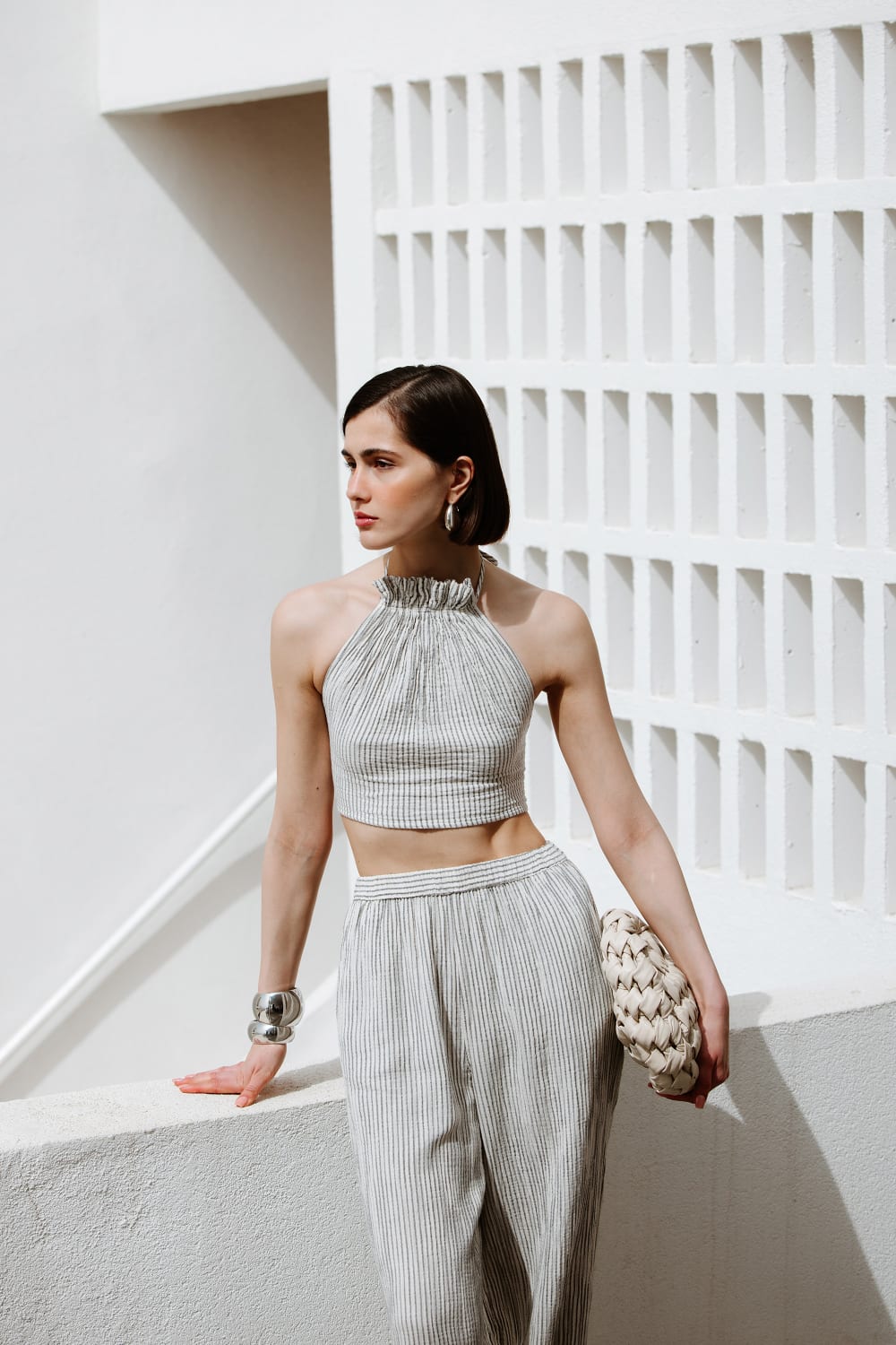 Crinkle Çizgili Halter Yaka Bluz - 2
