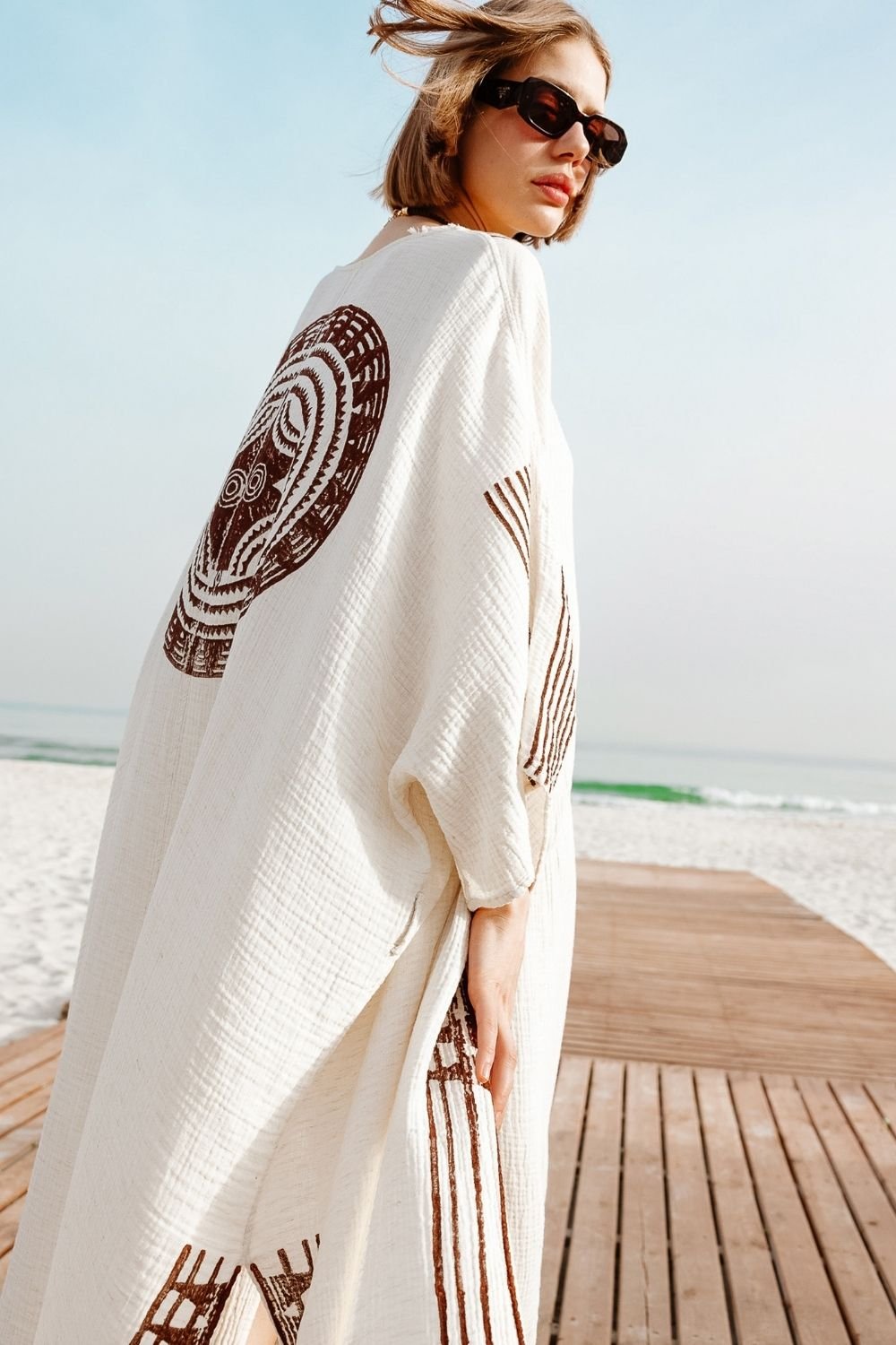 Crinkle Linen Kahverengi Baskılı Kimono - 0