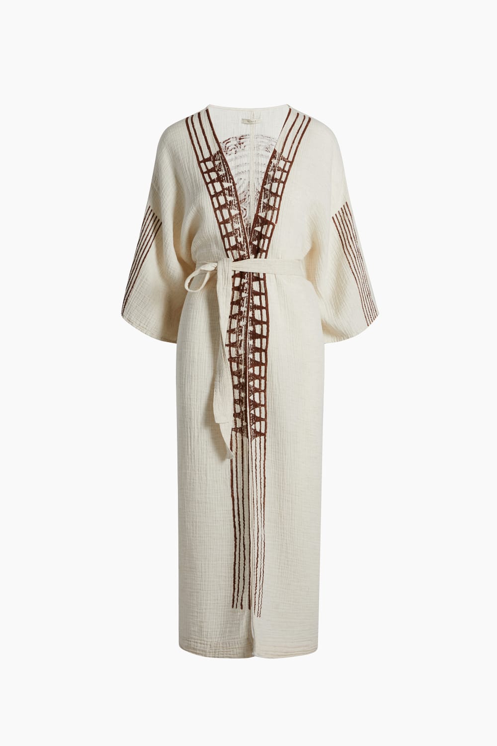 Crinkle Linen Kahverengi Baskılı Kimono - 2