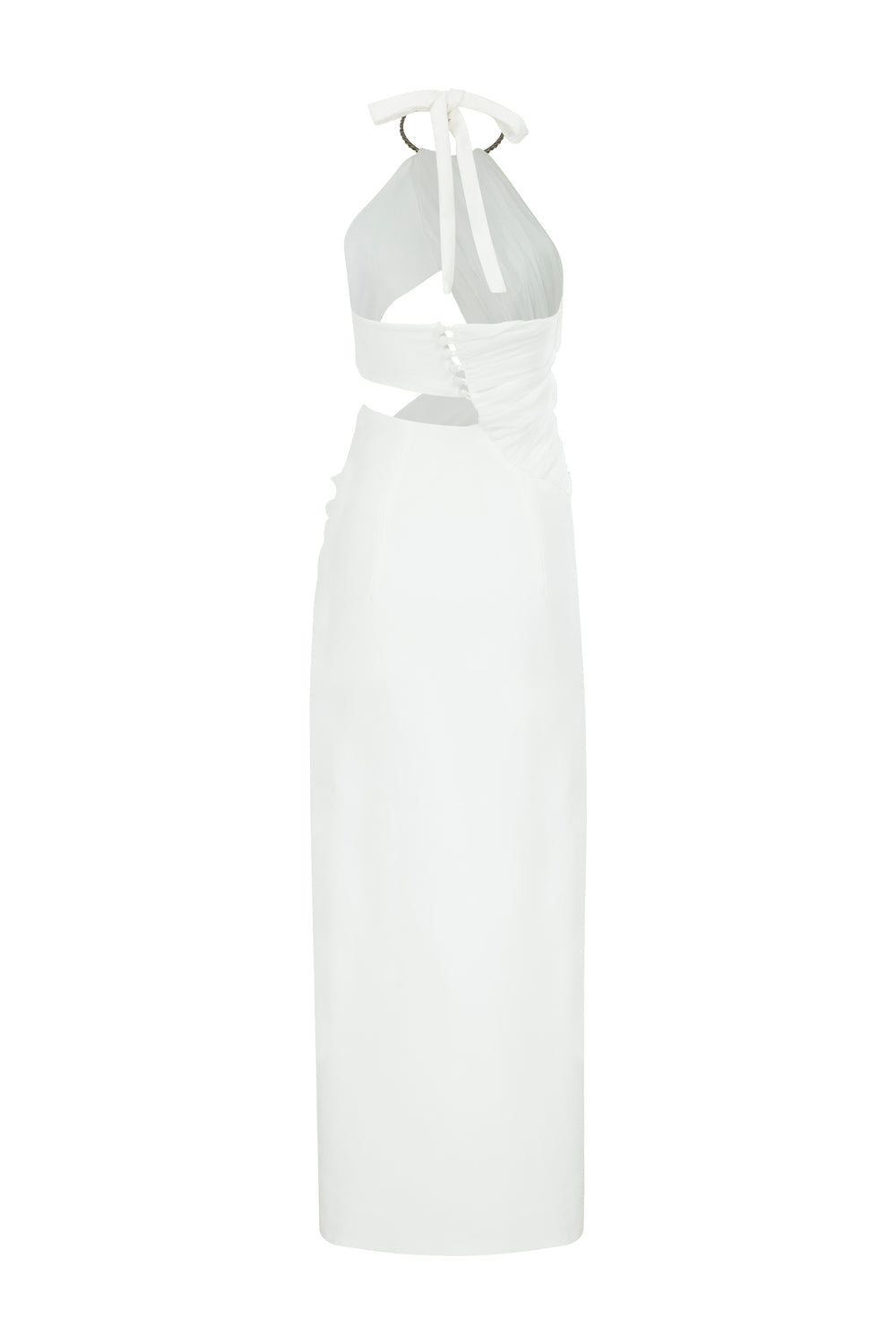 Cut-Out Detaylı Beyaz Krep Boyundan Bağlamalı Elbise - 4
