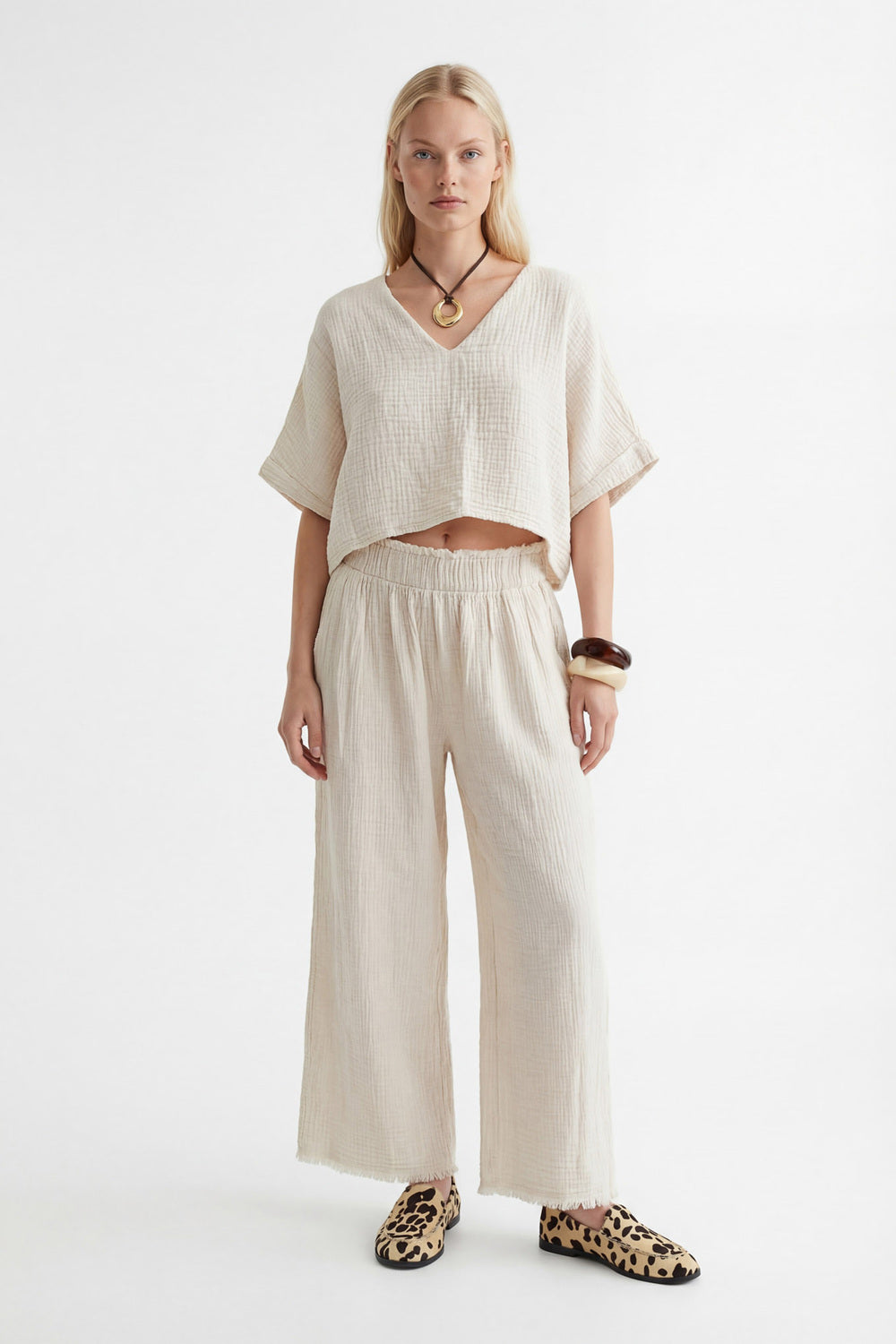 Crinkle Linen V Yaka Bluz - 1