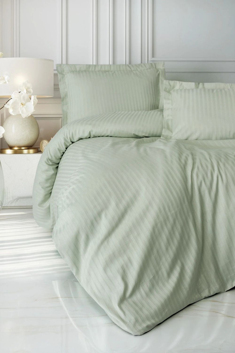 Elegant Stripe Saten Çift Kişilik Nevresim Takımı Adaçayı - 0
