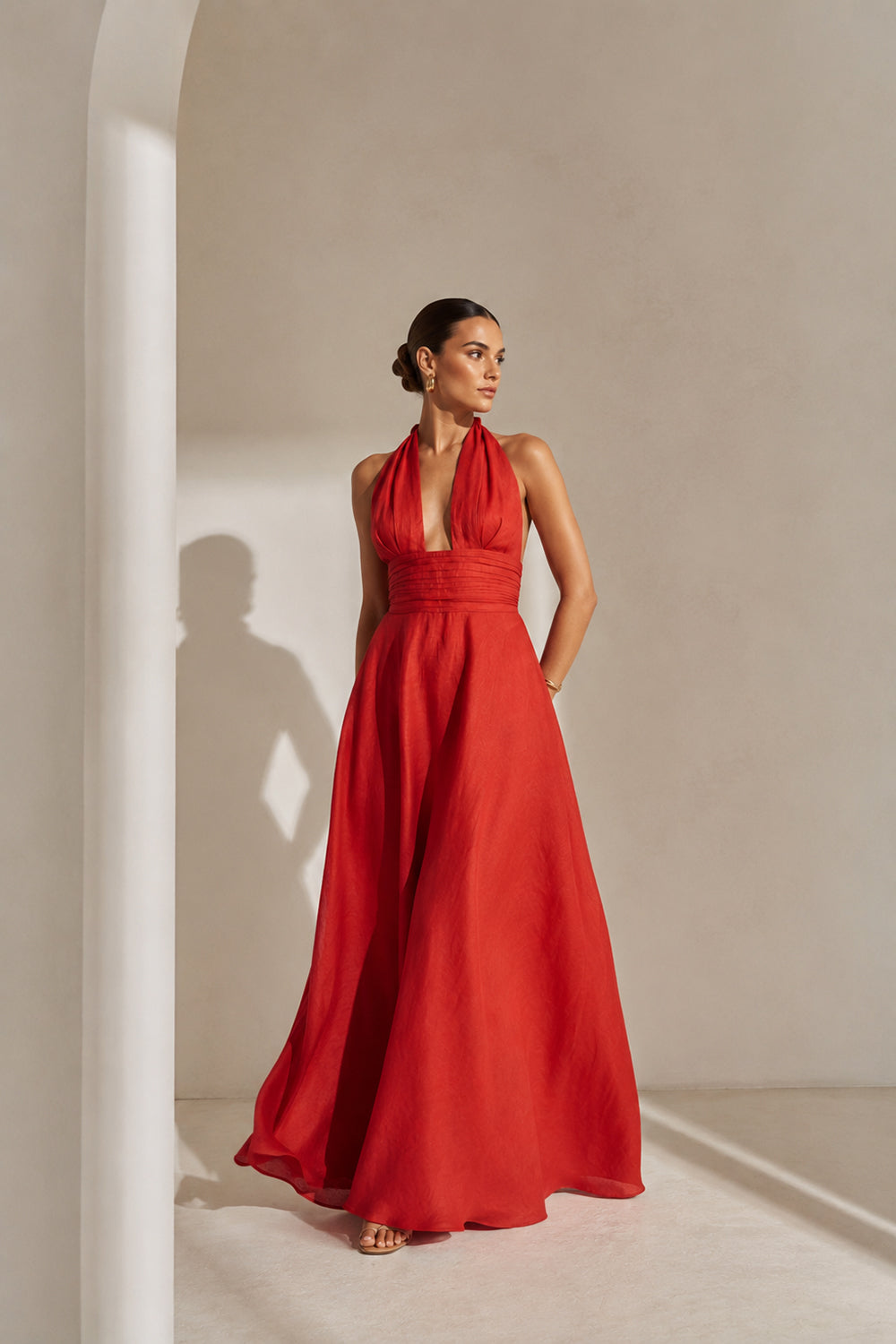 Drape Detaylı Uzun Keten Elbise - 3