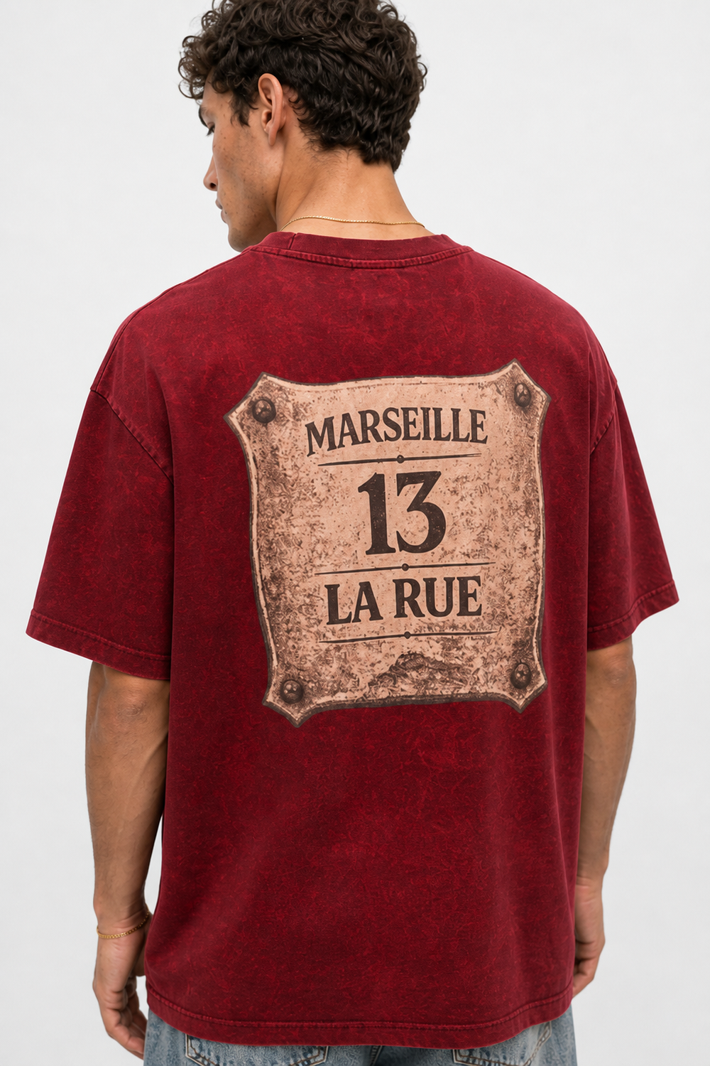 Erkek Marseille Baskılı Yıkamalı Oversize T-Shirt Bordo - 0