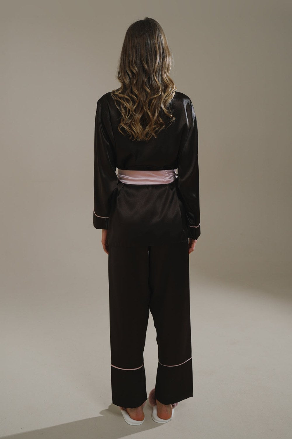 Aci Kahve-Pudra Miks Saten Şal Yaka Kimono-Pantolon Takim - 2
