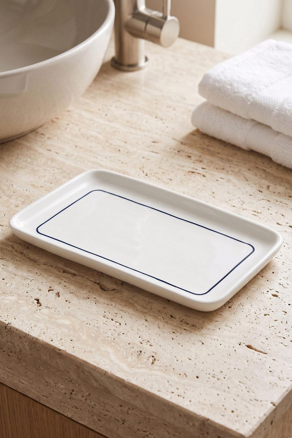 Pure Seramik Banyo Tepsisi, Beyaz-Mavi - 27x15 Cm - 0