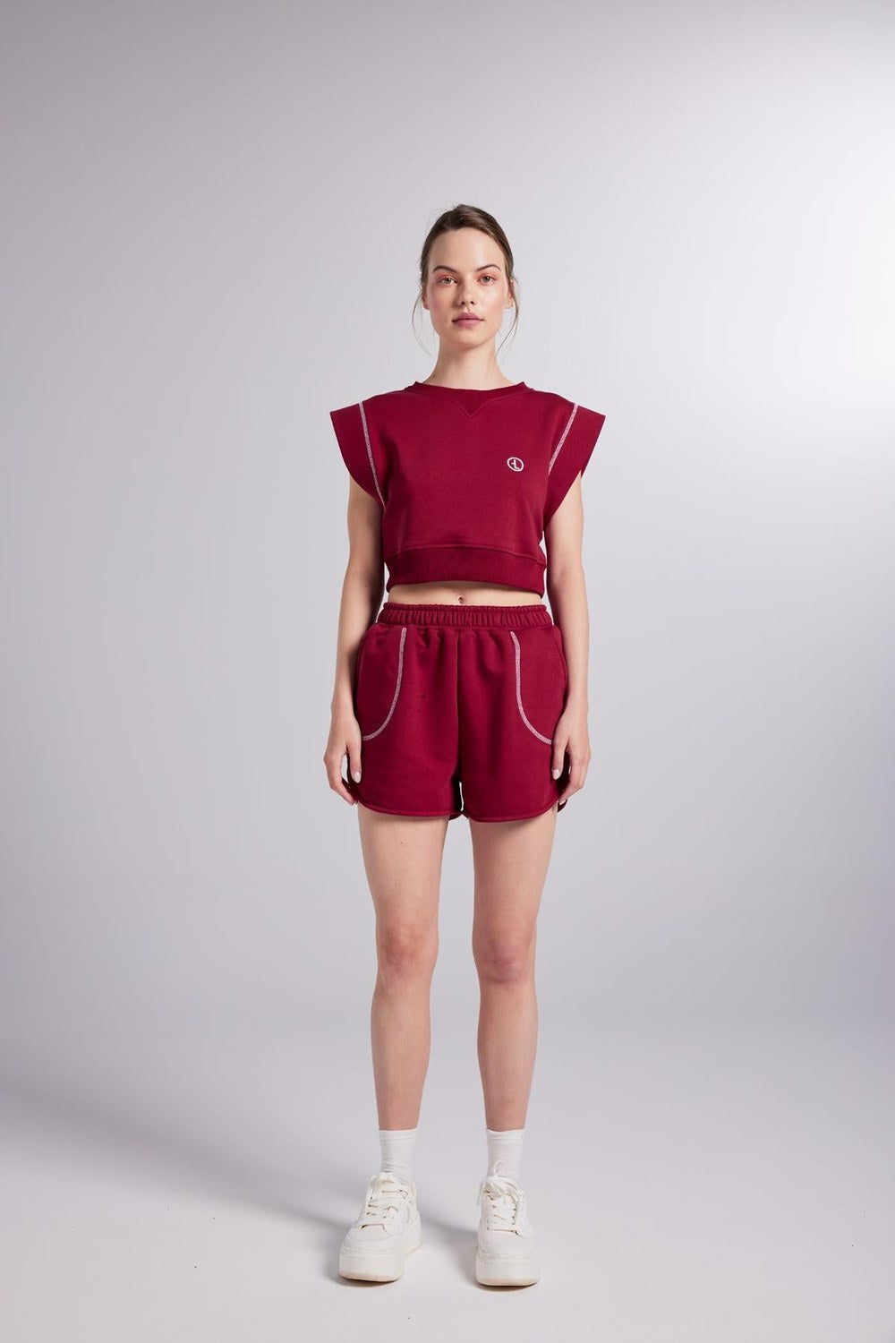 Beli Lastikli Kontrast Dikişli Mini Rhode Şort Bordo - 0