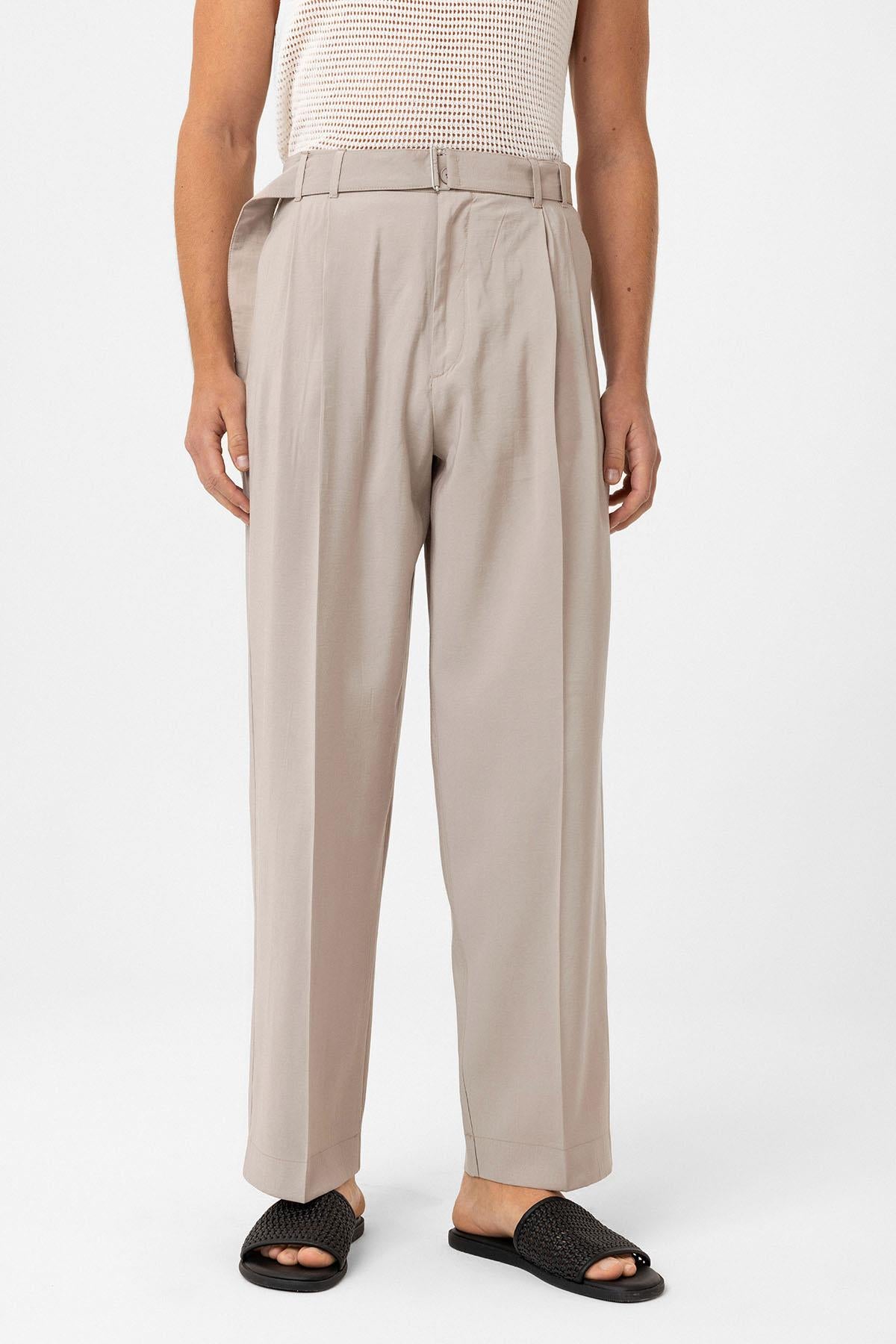 Antioch-Bej Modal Kumaş Relax Fit Kemerli Erkek Pantolon-Kumaş Pantolon-1-milagron.live