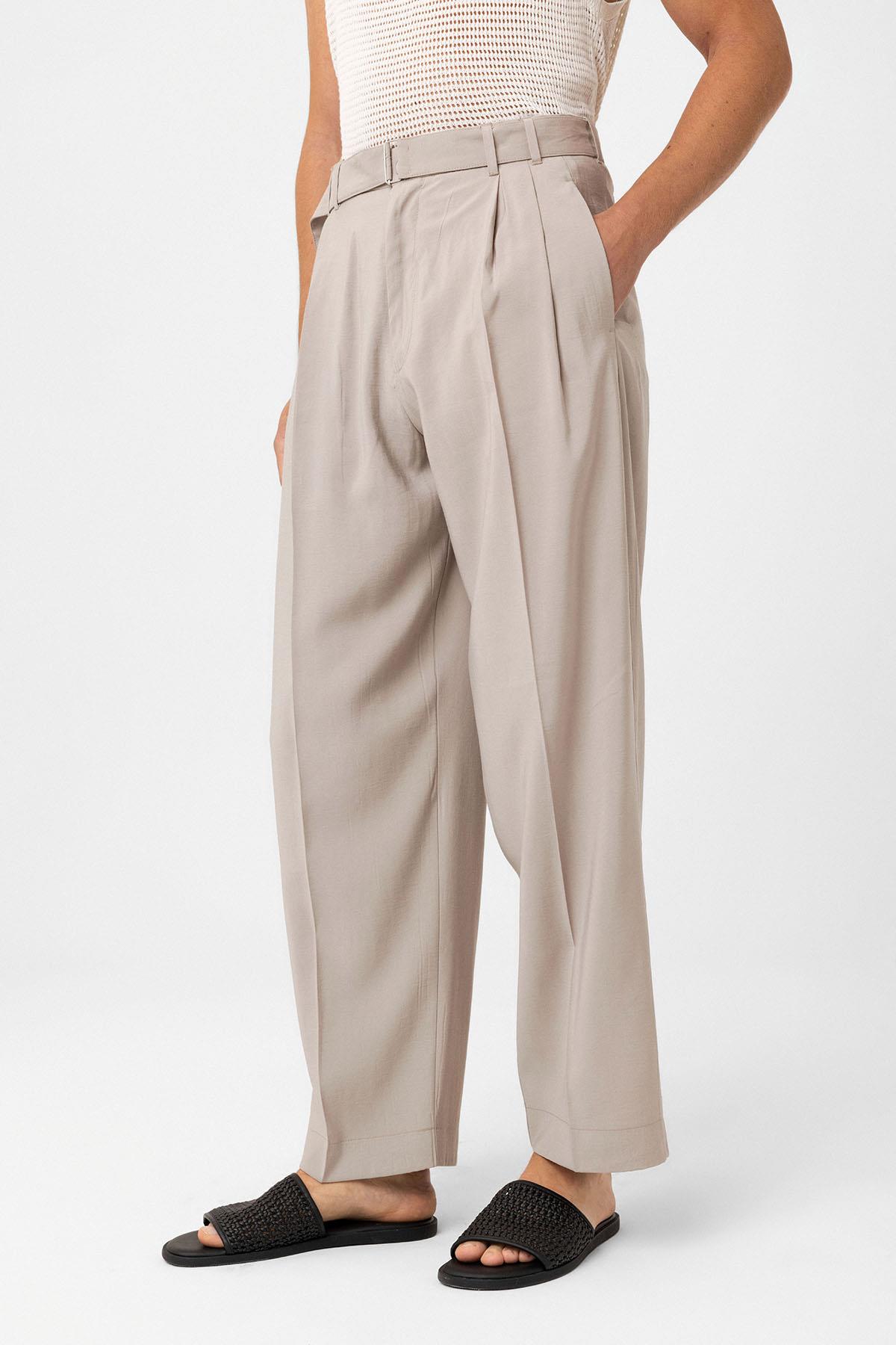 Antioch-Bej Modal Kumaş Relax Fit Kemerli Erkek Pantolon-Kumaş Pantolon-3-milagron.live