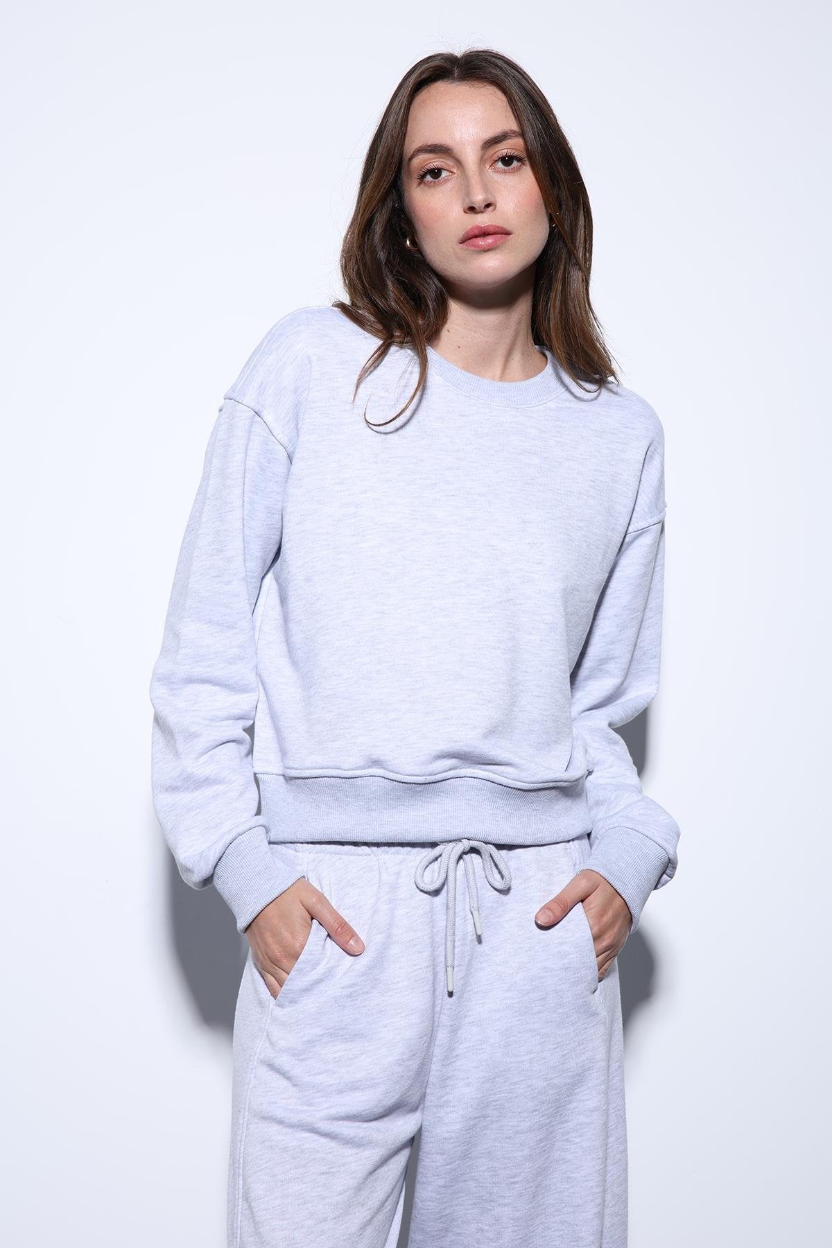 Antioch-Antioch Gri Melanj Basic Kadın Sweatshirt-Sweatshirt-1-milagron.live