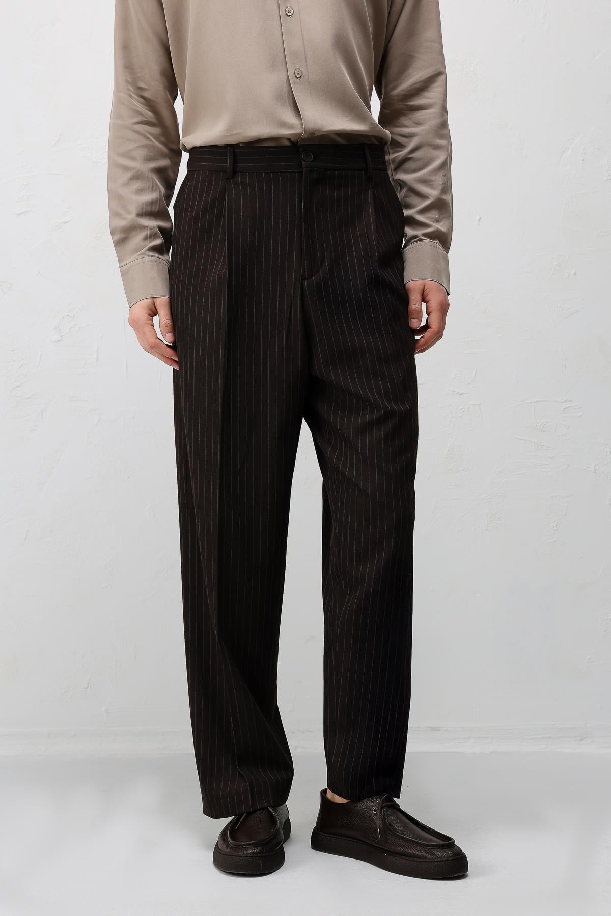 Antioch Kahve Relaxed Fit Çizgili Erkek Takım Elbise
