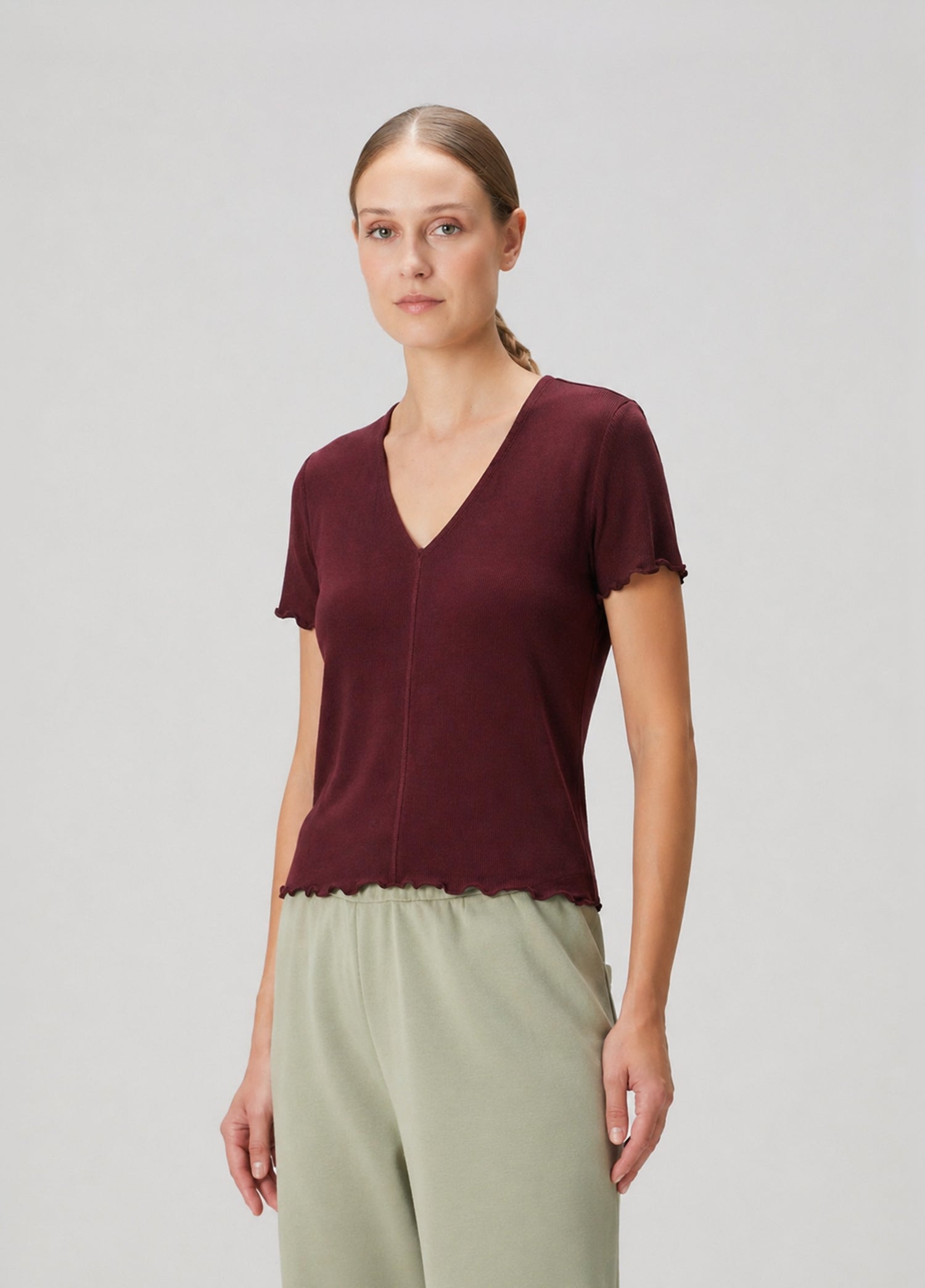 Bordo V Yaka Pamuklu Ribana T-Shirt