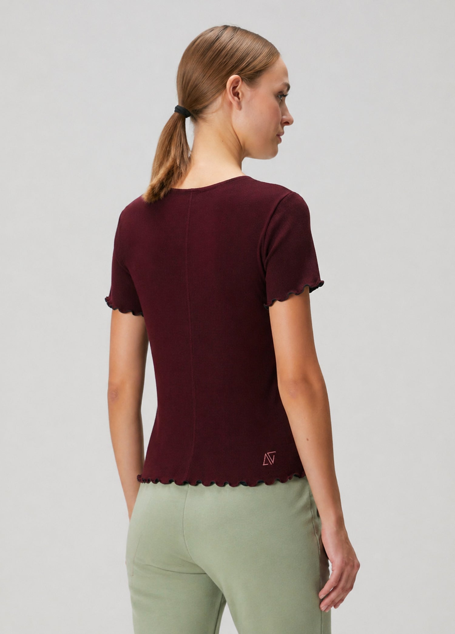 Bordo V Yaka Pamuklu Ribana T-Shirt