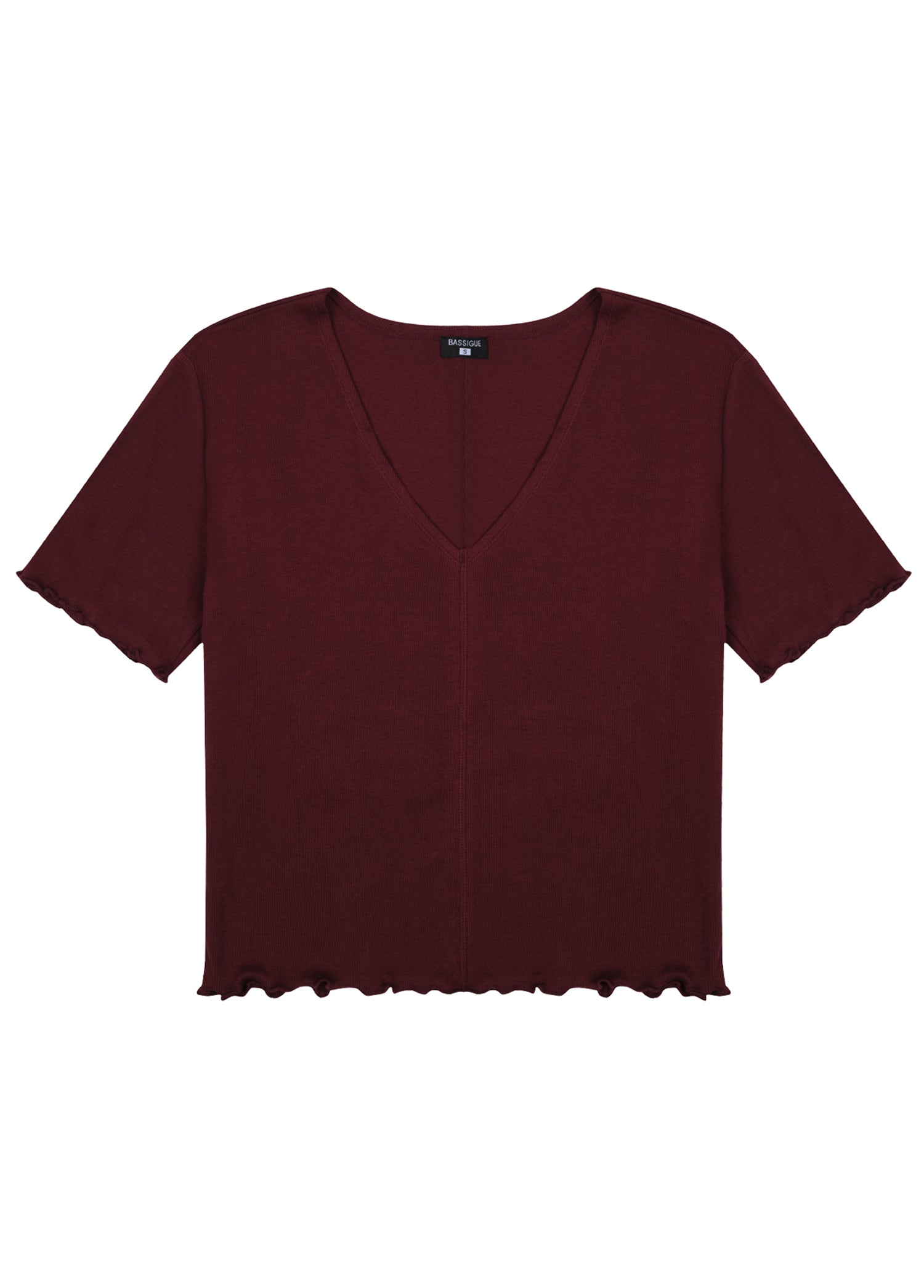 Bordo V Yaka Pamuklu Ribana T-Shirt