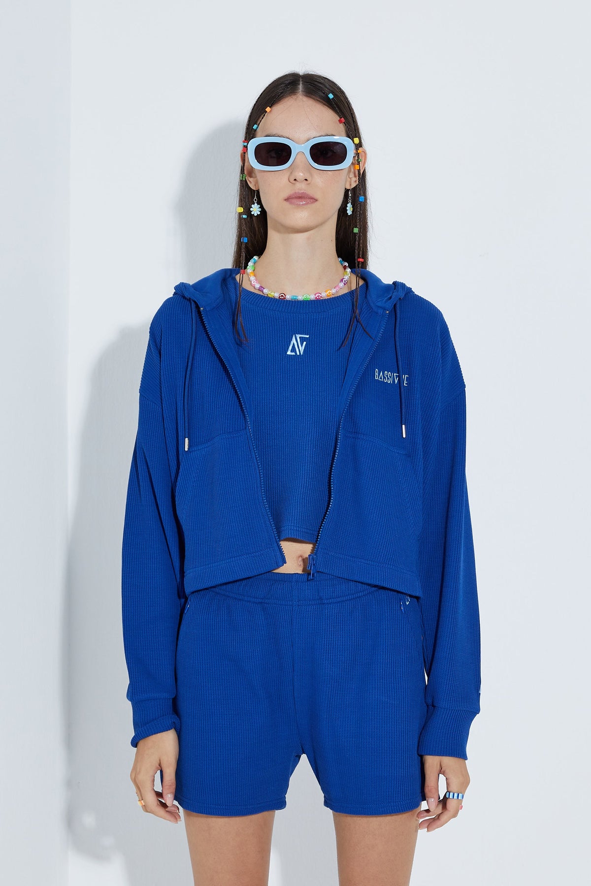 Waffle Fermuarlı Sweatshirt - Mavi