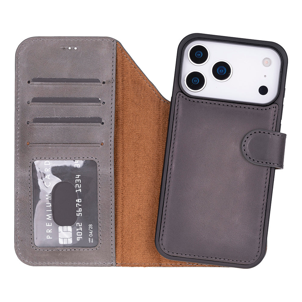Bloominbag-Bloom Case Magic Wallet Ash Gray Apple I Phone 17 Pro (6.3") Hakiki Deri çıkarılabilir Cüzdanlı Telefon Kılıfı-1-milagron.live