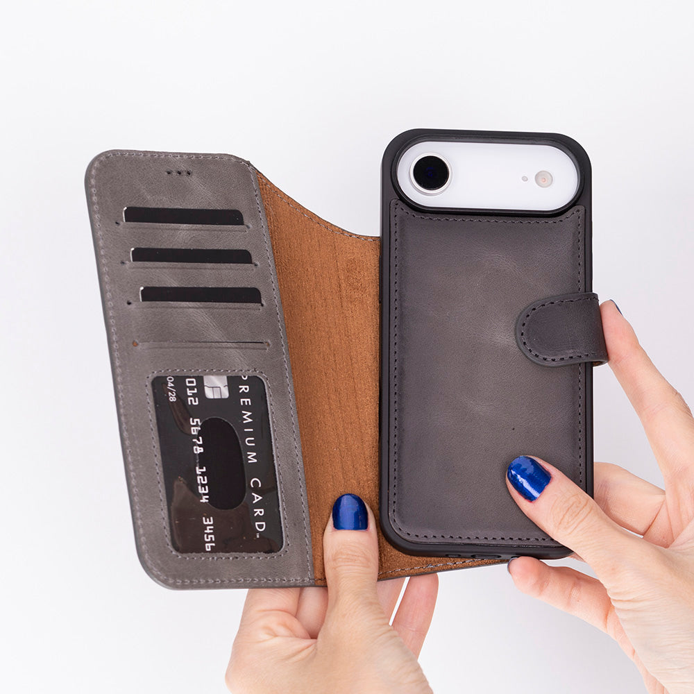 Bloominbag-Bloom Case Magic Wallet Ash Mist Gray Hakiki Deri I Phone 17 Air(6.5") Cüzdanlı Telefon Kılıfı-2-milagron.live