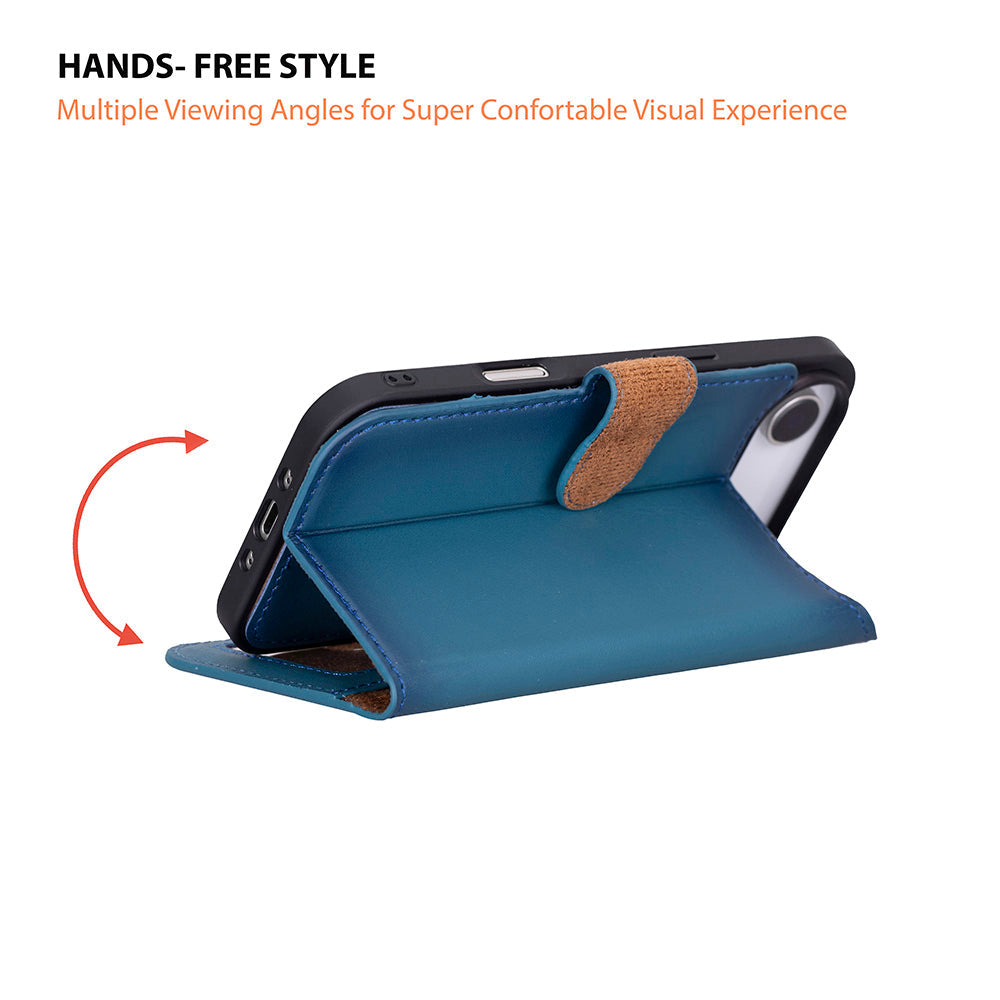 Bloominbag-Bloom Case Magic Wallet Midnight Blue Hakiki Deri I Phone 17 Air(6.5") Cüzdanlı Telefon Kılıfı-4-milagron.live