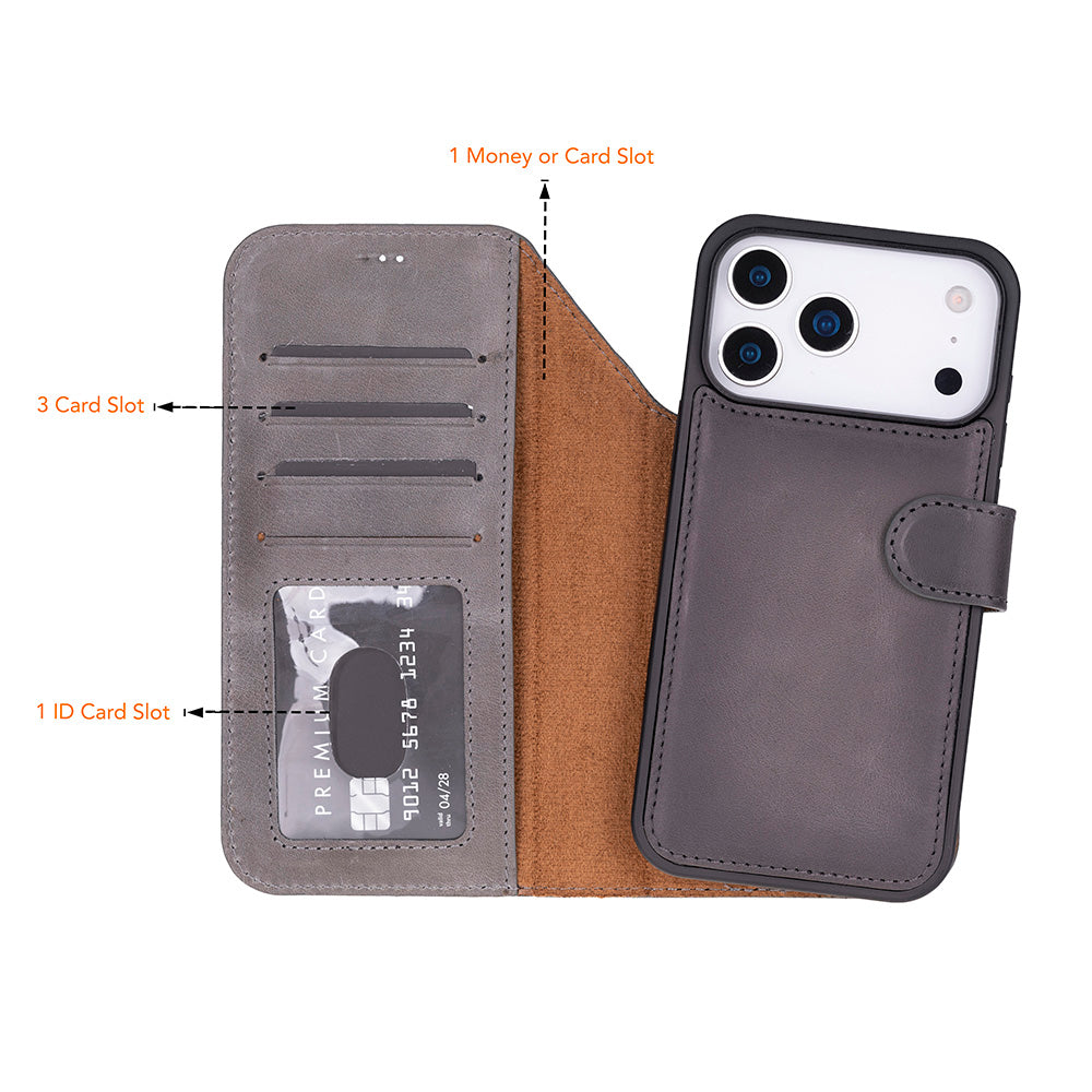 Bloomcase Magic Iphone 17 Pro Max(6.9") Ash Mist Ayrılabilir Hakiki Deri Cüzdanlı Telefon Kılıfı