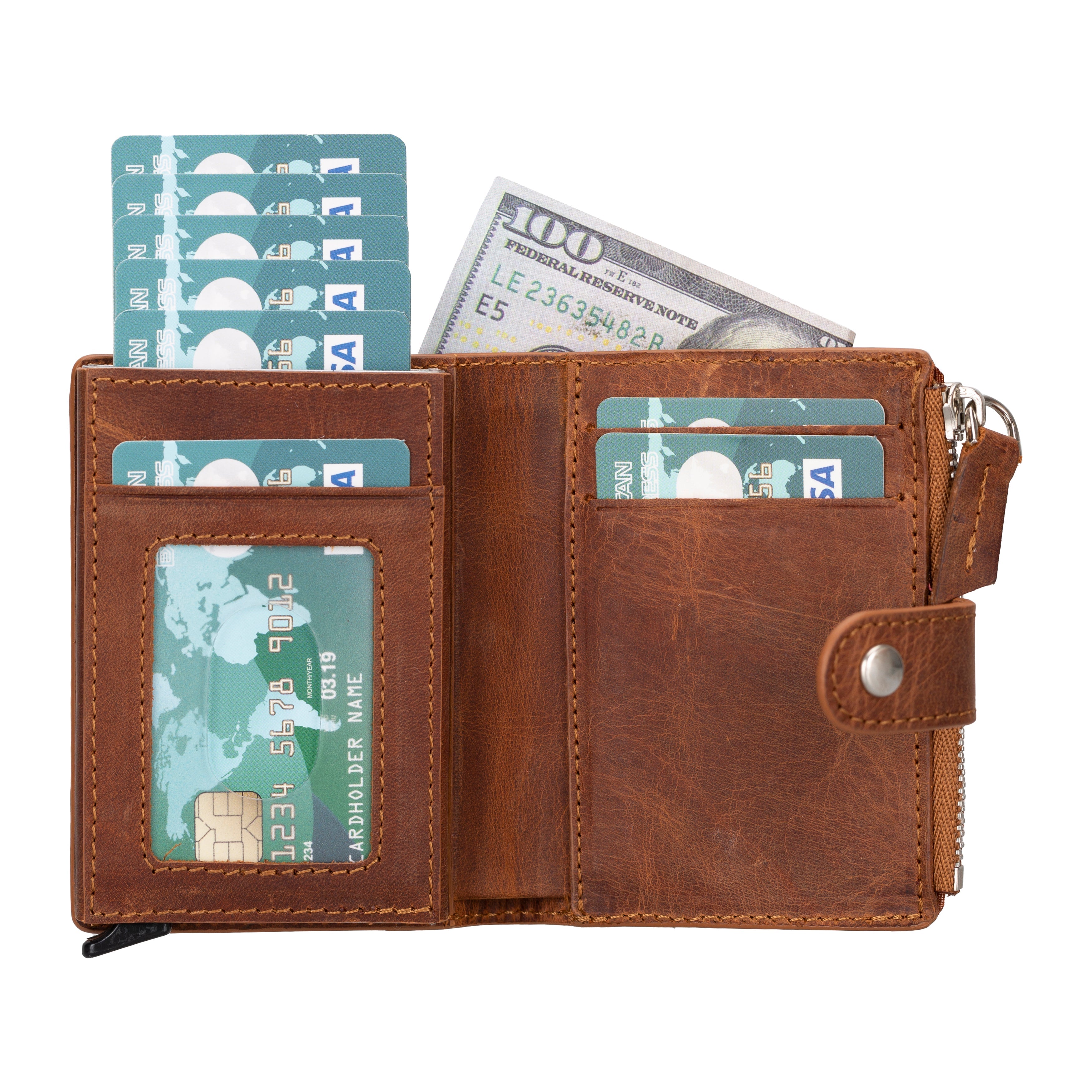 Siena Saddle Brown Mekanizmalı Deri Cüzdan & Kartlık (Rfid Korumalı)