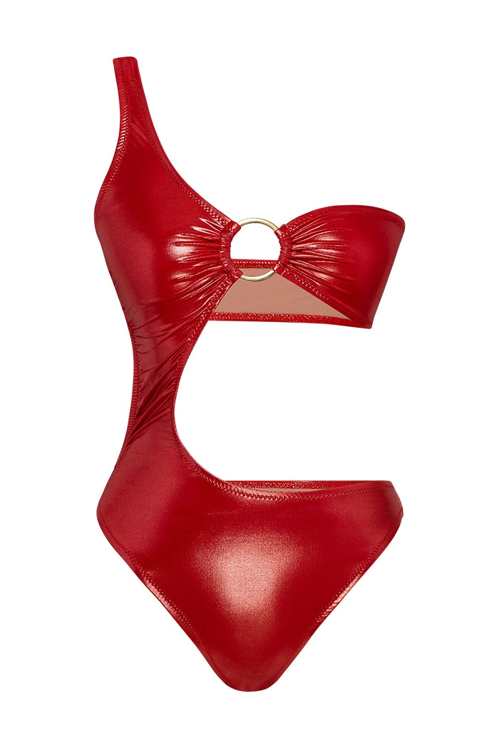 Bonesta-Tatacoa Shiny Crimson Red Halka Aksesuarlı Tek Omuz Mayo-Bikini & Mayo-1-milagron.live
