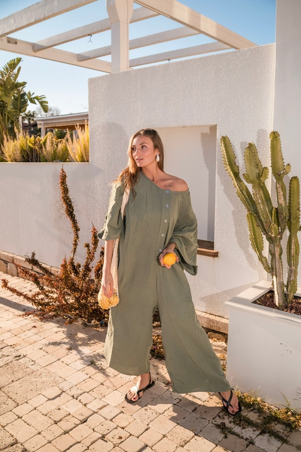 Carryberry-Oversize Haki Müslin Tulum-Tulum-1-milagron.live