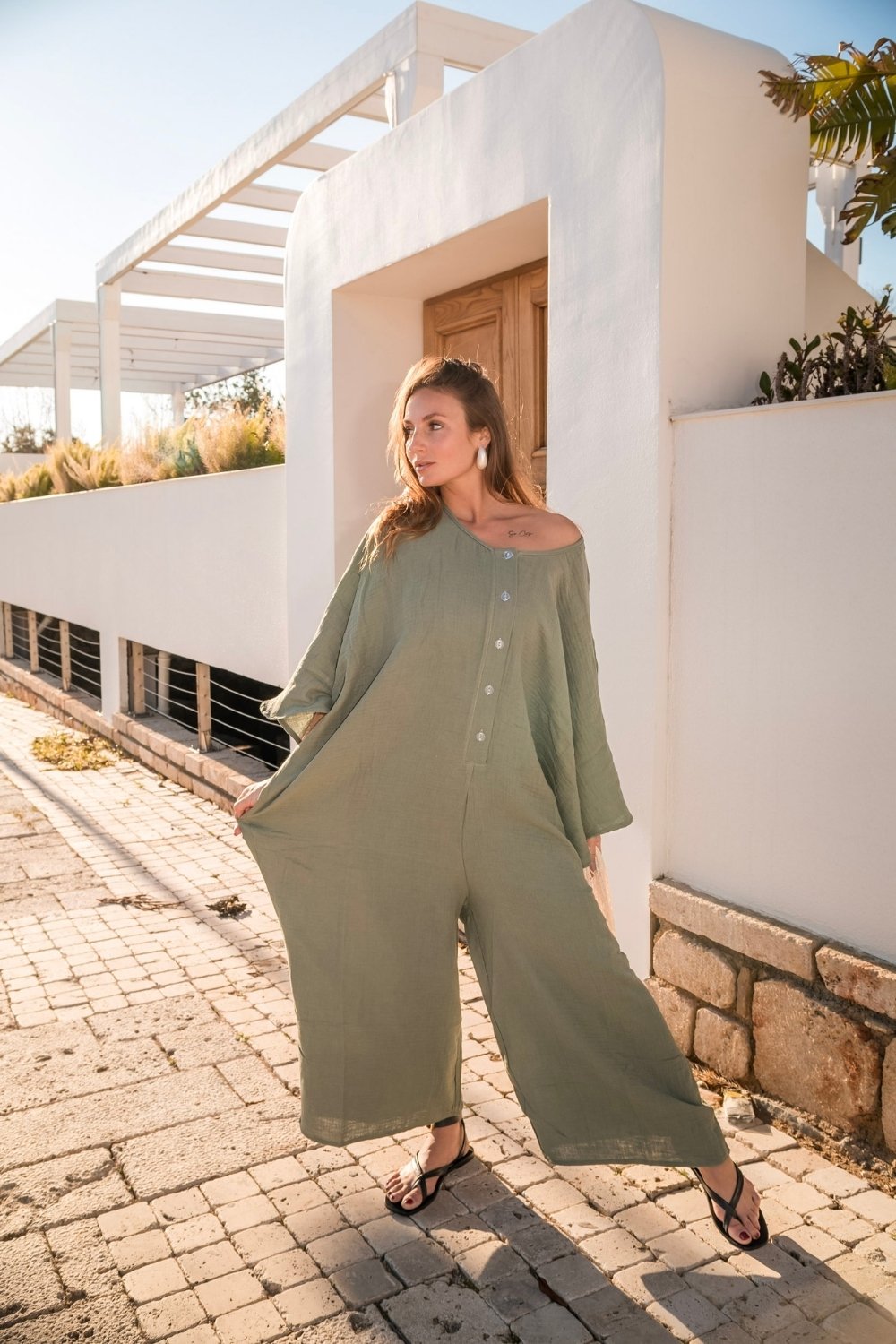 Carryberry-Oversize Haki Müslin Tulum-Tulum-4-milagron.live