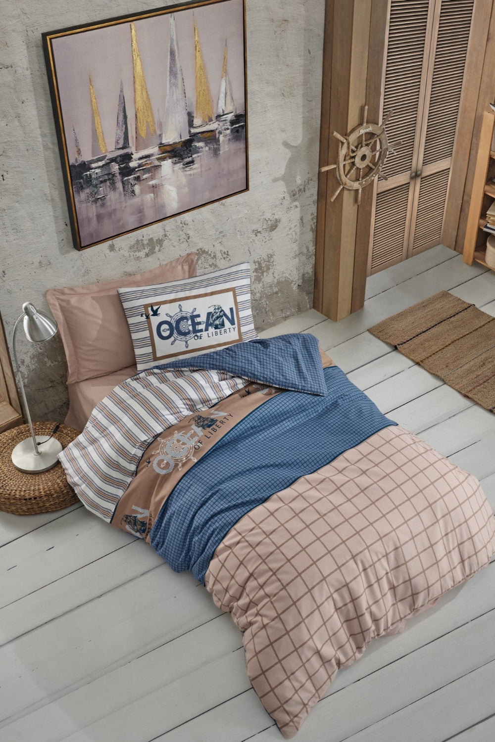 Cotton Box-Cotton Box Genç Odası Tek Kişilik Lastikli çarşaflı Nevresim Takımı Ocean Lacivert-Tek Kişilik Nevresim Takımı-1-milagron.live