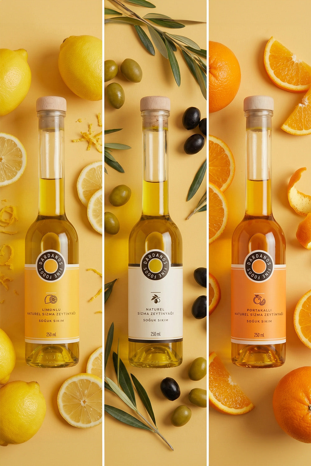 Narenciyeli Zeytinyağı Seti: Limonlu, Portakallı Ve Naturel Zeytinyağları - 1