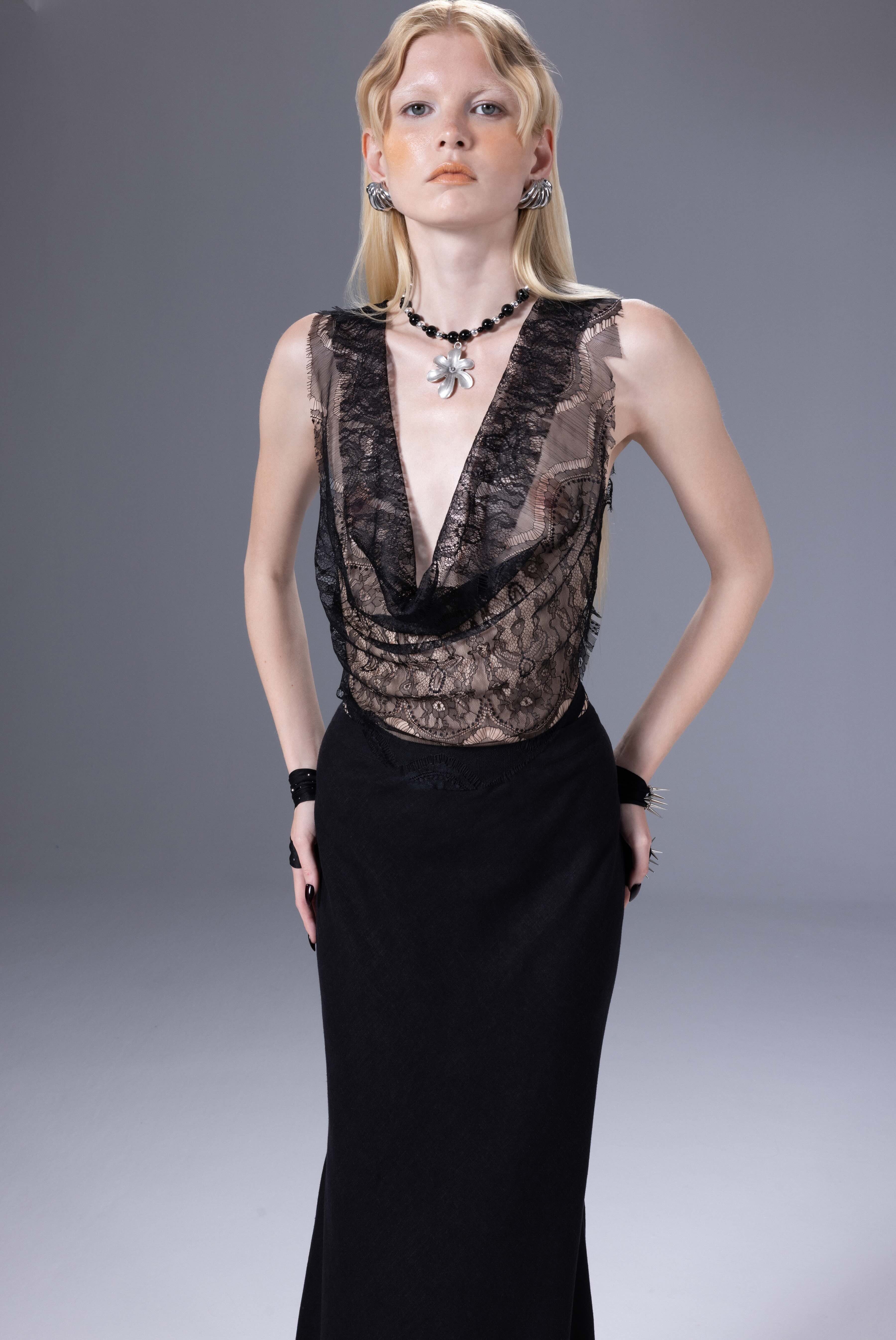 Death Is Easy-Noir Lace Deep V Neck Top-Top-1-milagron.live