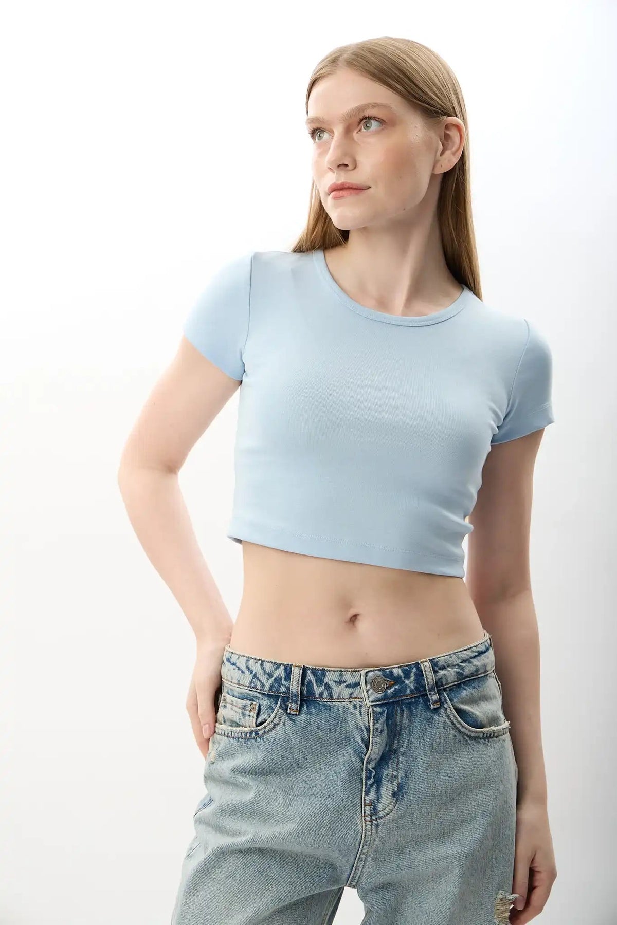 Bisiklet Yaka Crop Tişört (Mavi)