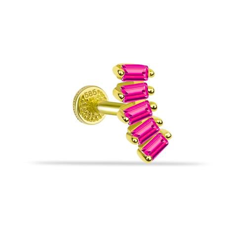 Dianora Piercing-14 Ayar Altın 5 Pembe Baget Taşlı Minimal Tragus Piercing-Tragus Piercing-1-milagron.live