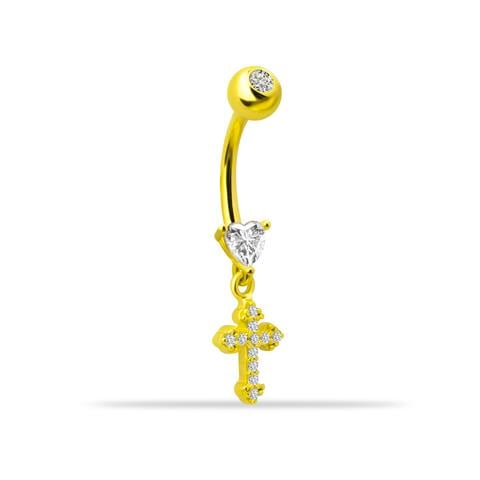 14 Ayar Altın Kalp Taşlı Haç Sallantılı Göbek Piercing
