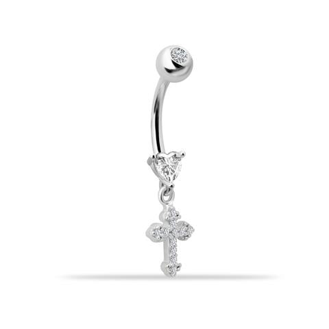 14 Ayar Altın Kalp Taşlı Haç Sallantılı Göbek Piercing