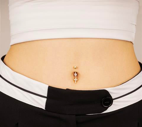 14 Ayar Altın Kalp Taşlı Haç Sallantılı Göbek Piercing