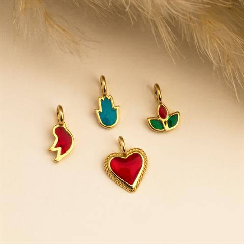 14 Ayar Altın Kırmızı Ve Yeşil Mineli Lotus Motifli Minimal Charm