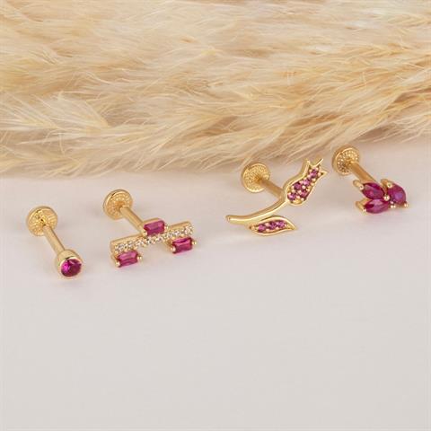 Dianora Piercing-14 Ayar Altın Pembe Markis Taşlı Minimal Tragus Piercing-Tragus Piercing-5-milagron.live