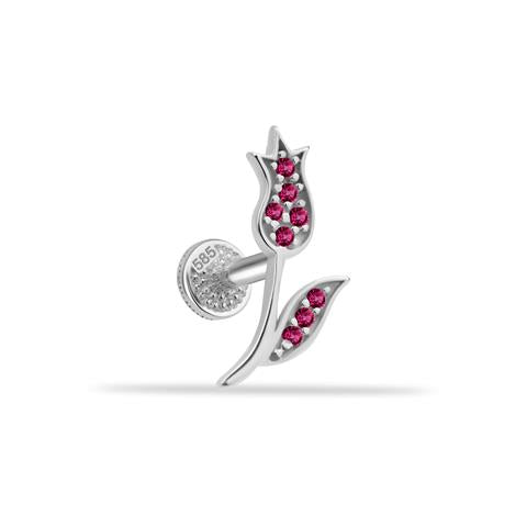 Dianora Piercing-14 Ayar Altın Pembe Taşlı Çiçek Minimal Tragus Piercing-Tragus Piercing-3-milagron.live