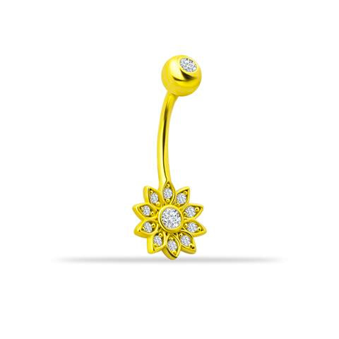 14 Ayar Altın Taşlı Çiçek Motifli Göbek Piercing - 0