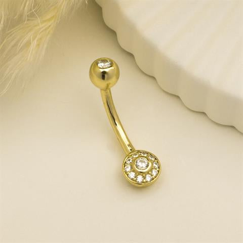 14 Ayar Altın Taşlı Daire Motifli Göbek Piercing